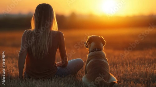A girl sits on the green grass beside her loyal dog as they watch the sun dip below the horizon.