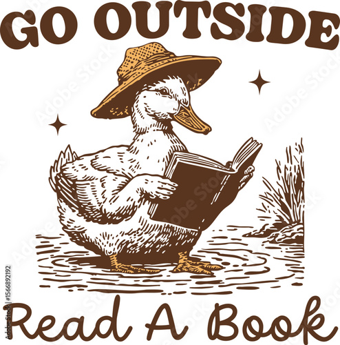 Go Outside Read a Book – Goose with hat reading in nature, wholesome vintage illustration for book lovers, outdoorsy introverts, and literary fans