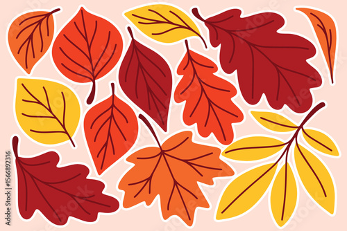 Vibrant fall leaves in red, orange and yellow tones on beige background featuring a variety of decorative seasonal leaf shapes