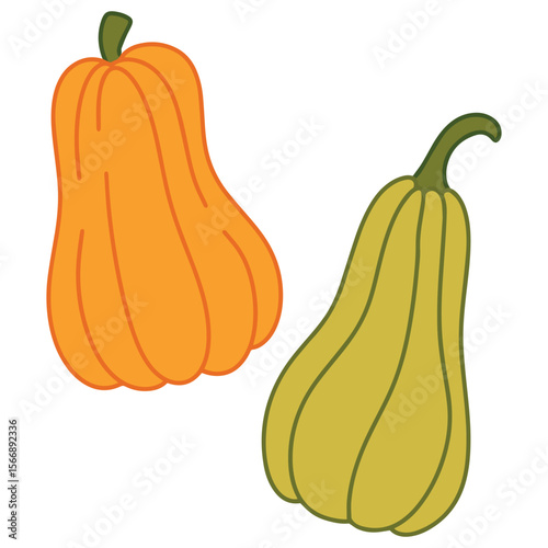 Two decorative gourds in yellow and green tones isolated on white background, symbol of fall harvest and natural food