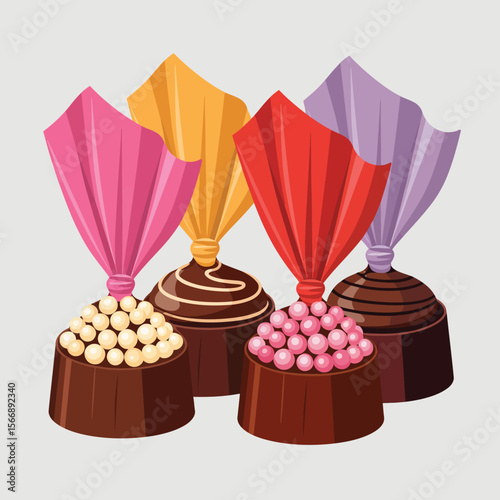 Assortment of delicious chocolate candies with colorful wrappers and toppings