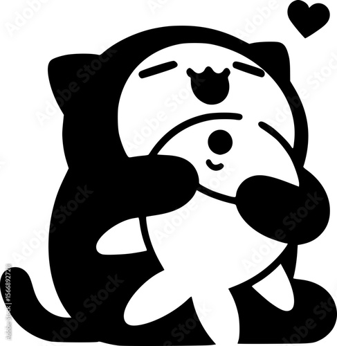 Cat hugging fish toy tight, silly emotional black vector, adorable look
