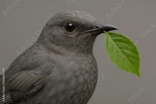 Riga, Latvia 05-09-2024 A solitary graybird with a green leaf in its beak, symbolizing nature's simplicity and tranquility