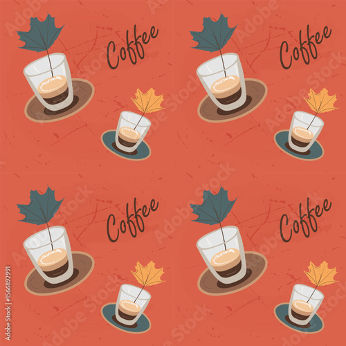 Seamless pattern in retro style with inscriptions for coffee shop. Vector image of a glass of ristretto coffee and autumn leaves