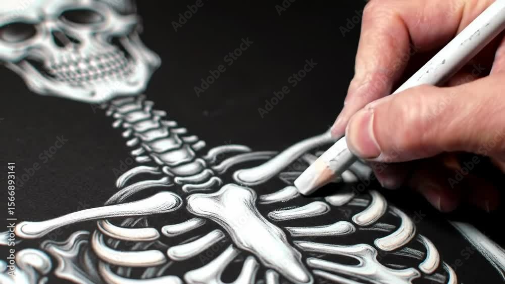 Closeup view of detailed human skeleton drawing artist hand with white pencil