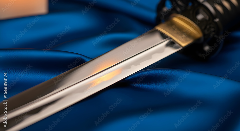 Naklejka premium Gleaming Samurai Sword rests on rich blue silk, its polished blade reflecting a warm, subtle light. A testament to craftsmanship and history.