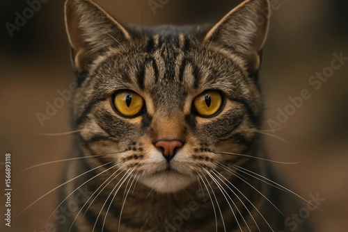 Riga, Latvia 05-09-2024 A close-up portrait of a tabby cat with striking yellow eyes, set against a blurred natural backdrop