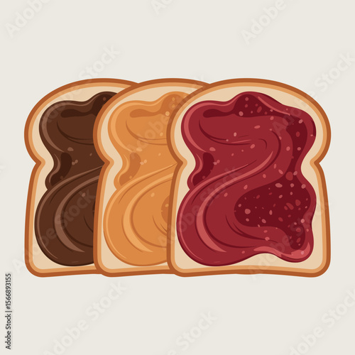 Three slices of toast with peanut butter jelly and chocolate spread