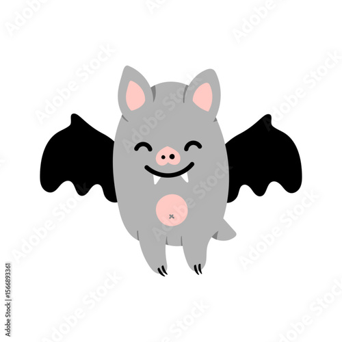 Cute cartoon Halloween bat character. Funny Vector smiling grey vampire bat with fangs and wings isolated on white background. Clipart for decoration, spooky design element, sticker, greetings print.