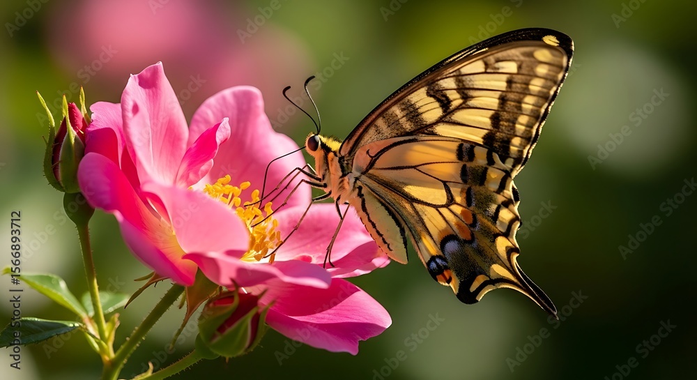 Naklejka premium Stunning Close-up of a Swallowtail Butterfly on a Pink Rose