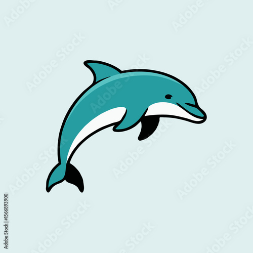Cute friendly cartoon dolphin happily jumping on a light blue background with spaces for text