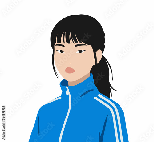 Young Asian woman in a blue tracksuit on a white background with spaces for text
