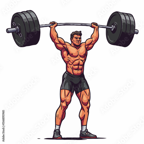 Strong muscular man lifting a heavy barbell overhead on a white background with spaces for text