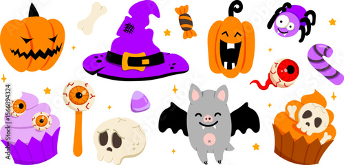 Cute Halloween set. Vector cute orange and violet pumpkins, eye lollypop, candy cane, cupcake, skull, bone, witch hat, bat, spider. Funny scary cartoon trick or treat holiday clip art, magic elements.