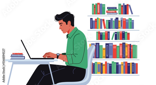 Man in green shirt working on laptop with colorful bookshelf behind.