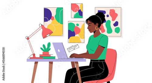 Focused Black Woman Working on Laptop in Artistic Home Office.