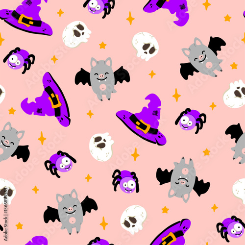 Cute Halloween witch seamless pattern. Vector Halloween pink background with magic witch hat, skull, funny spider and bat. Kids print for fabric texture, wrap, holiday decoration, backdrop.