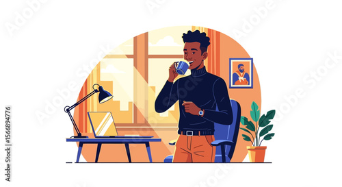 Smiling man sips from a blue mug in a bright modern workspace.