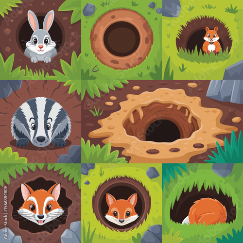 Cute cartoon animals including a rabbit badger and foxes peeking out of burrows
