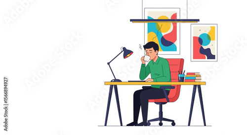 Tired Man Drinking Coffee at Modern Desk with Abstract Art.