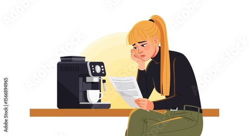 Concerned Woman with Coffee Machine Reading Important Documents Contemplating.