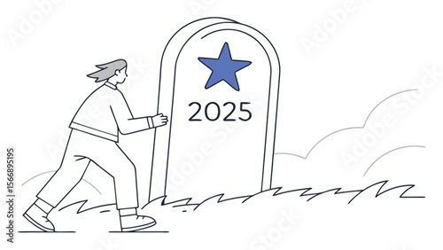 a person walking towards a gravestone with the year 2025 on it, minimalist line art style, pencil sketch, monochrome
