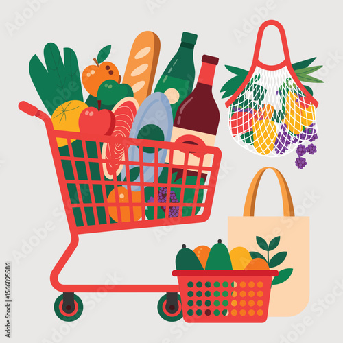 Full grocery shopping cart with fresh produce drinks and bag