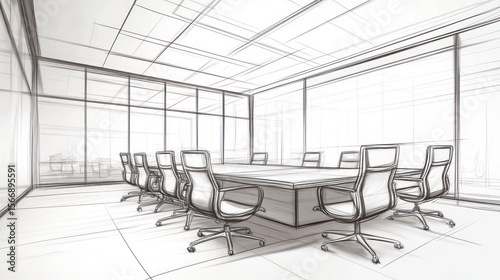 Architectural sketch of a modern conference room.