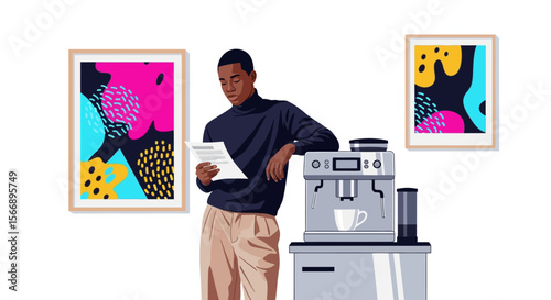 Stylish Man Reviewing Documents Near Modern Espresso Machine and Abstract Art.