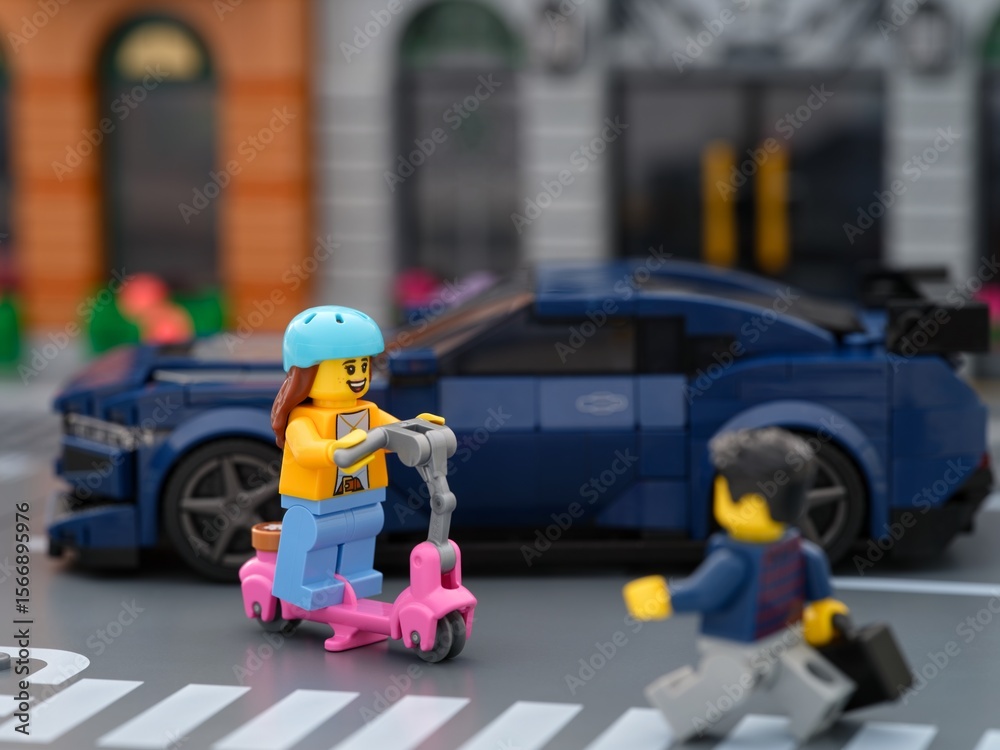 Obraz premium Tambov, Russian Federation - July 01, 2024 Lego city traffic with girl minifigure riding scooter , man crossing the street and blue Ford Mustang car