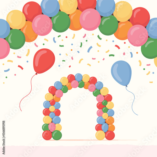 Colorful balloon arch and floating balloons with confetti for celebration