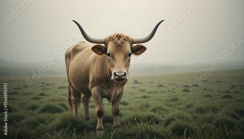 Realistic Close-Up of a Brown Cow with Horns in a Serene Foggy Landscape