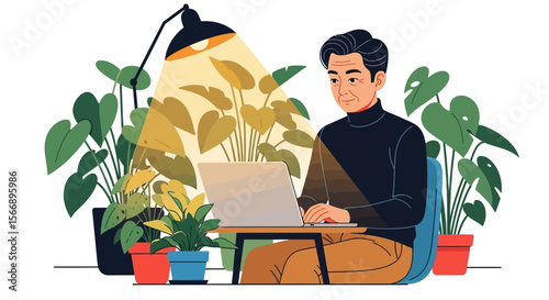 Senior Man Working on Laptop Surrounded by Houseplants Under Lamplight.