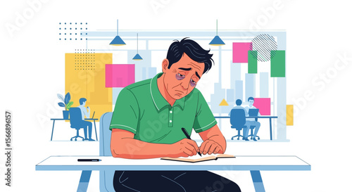 Stressed Businessman Writing in a Busy Office.