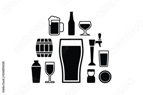 Beer mug bottle glass barrel tap shaker coaster vector