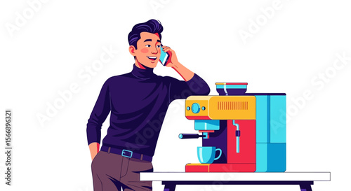 Stylish Man on Phone Call Beside Colorful Espresso Machine.