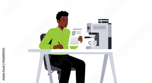 Focused Man Reviews Documents Near Coffee Machine.