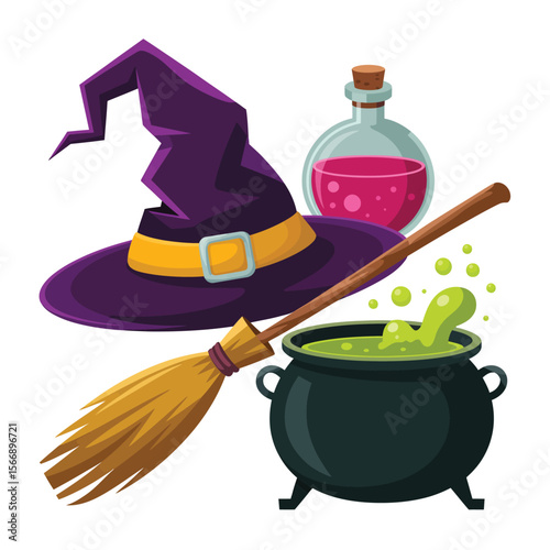 Witch s hat broomstick cauldron and potion bottle for halloween