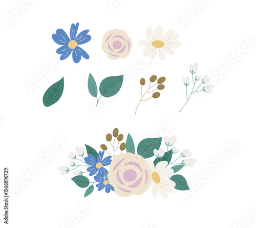 Elegant Watercolor Floral Arrangement of Navy Blue, PInk Pastel Roses and Leaves for Botanical Illustrations and Greeting Card Designs
