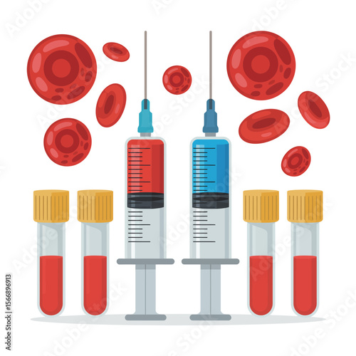 Medical illustration of blood samples in test tubes and syringes with red blood cells