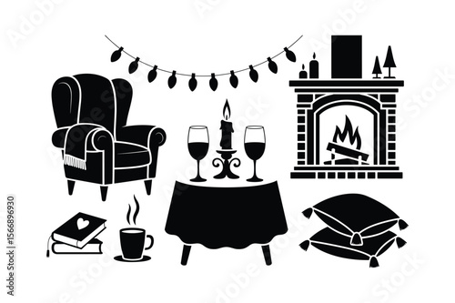 Cozy armchair fireplace and wine by candlelight blanket burning logs