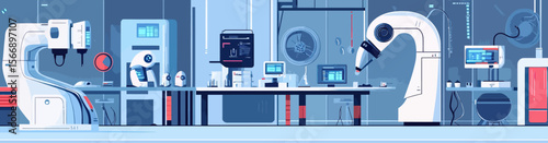 Futuristic scientific laboratory with robotic arms automated equipment digital screens flat minimalist vector illustration