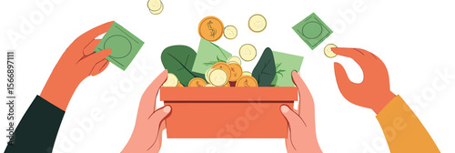 Hands holding donation box with green leaves receiving coins and paper money for charity support and financial aid giving concept flat vector illustration