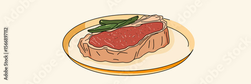 Minimalist vector illustration of rib eye steak with green beans on plate line art style fresh grilled meat food icon design concept for cooking and dining