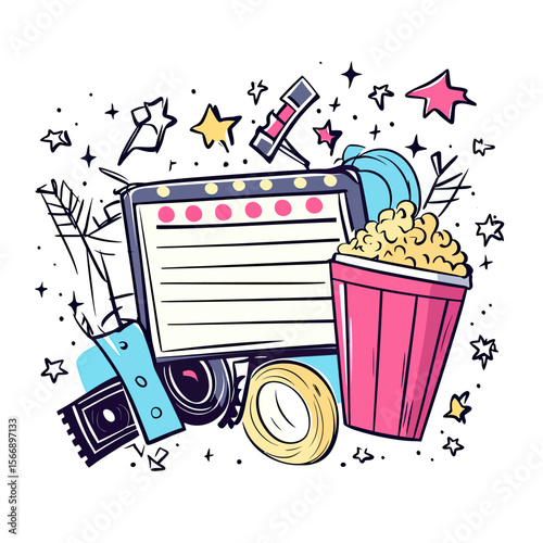 Colorful hand drawn cinema elements with popcorn bucket, clapperboard, film tape, and movie ticket in doodle style for movie night entertainment and film concept design
