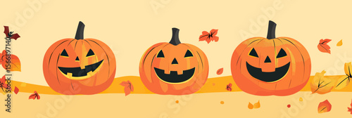 cute halloween pumpkins with carved faces jack o lanterns on beige background with falling autumn leaves flat minimalist vector illustration for seasonal decoration and celebration themes