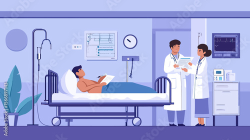Hospitalized patient lying on hospital bed with medical drip and two doctors discussing medical chart in modern hospital room vector illustration
