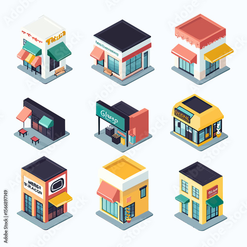 Set of nine colorful isometric small commercial shop buildings with awnings and storefront windows in flat minimalist vector design for urban retail street concept