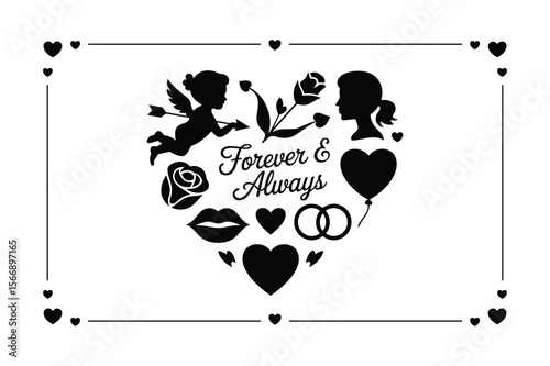 Cupid rose lips heart balloon rings couple silhouette vector