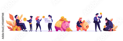 Young people saving money with piggy banks, stacking coins, investing, and reviewing financial documents in flat minimalist style vector illustration